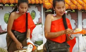 น้ำอ้อย อดีตมิสแกรนด์ ผันตัวมาเป็นแม่ค้าขายทุเรียน แต่งชุดไทยสร้างจุดขาย